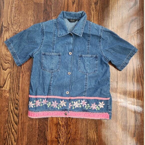 Agapo Collection Button Up Shirt Women's Sz M VTG embroidered Floral Denim - Picture 3 of 6